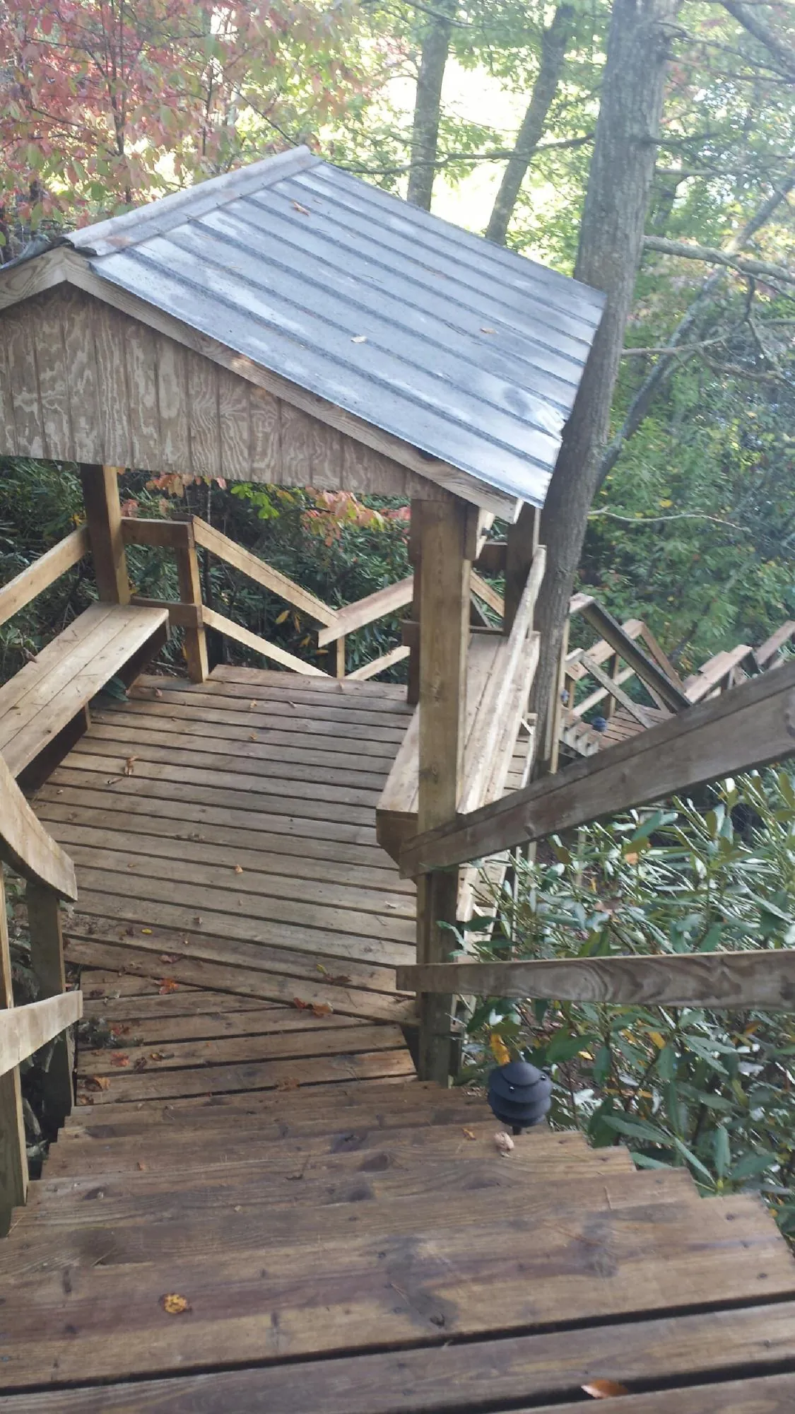 Metal roofed shelter over wooden steps on a wooded walkway — Skylight Repair & Installation work by our crew in Shevlin